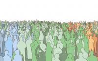 Illustration of large mass of people from wide angle in color