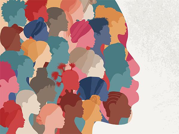 Woman face silhouette in profile with a group of African and African American women faces inside. Concept of racial equality antiracism and a woman who gives a voice to other women.