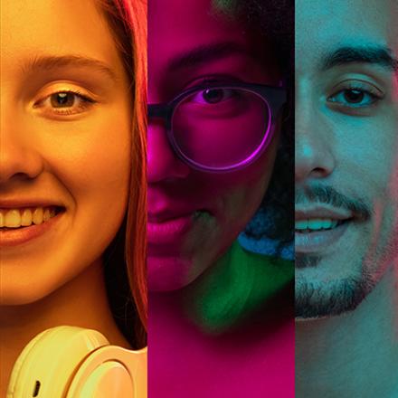 Power Privelege and Oppression Close up of diverse faces with colorful overlays