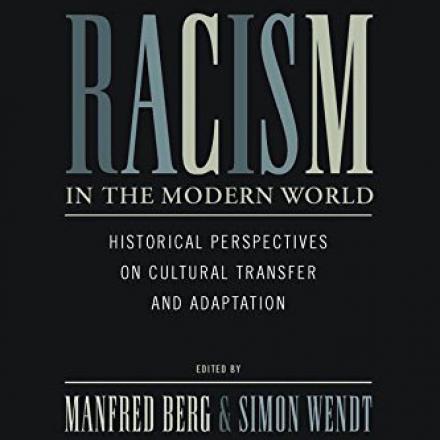 Racism in the Modern World Book Cover. Black background. Blue and Light Yellow Letters. Racism in the Modern World