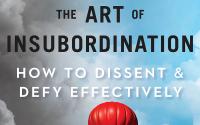 The Art of Insubordination Surrealistic waterfall with a folded paper boat lifting into a dark clouded sky by a red flying balloon