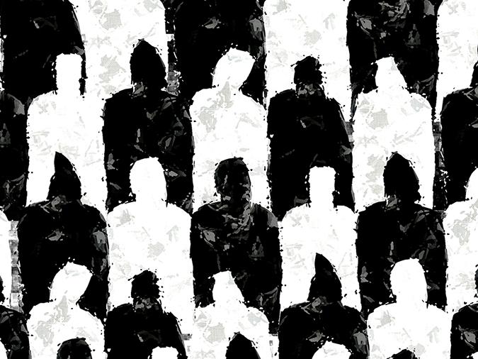 Impressive 3d rendering of a wall made of standard black and white unisex people dressed in raincoats and hoods. They look soulless and thought provoking.