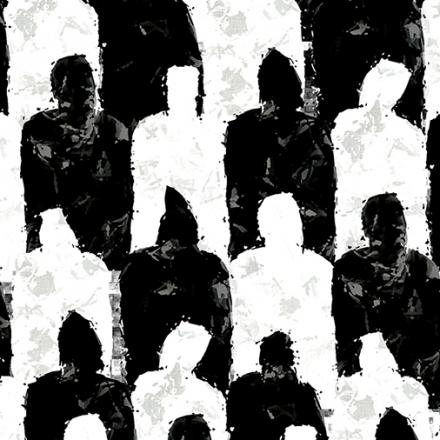 A Theraputic approach to racist-incident-based trauma Impressive 3d rendering of a wall made of standard black and white unisex people dressed in raincoats and hoods. They look soulless and thought provoking.