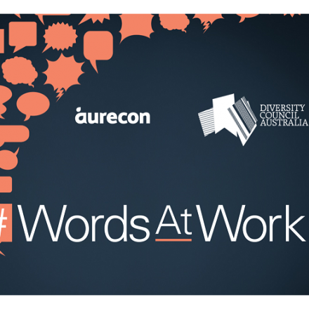 Words at Work Orange speaking bubble shapes on a dark blue gradient background